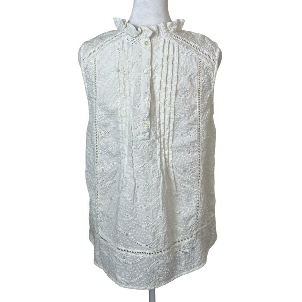 Sundance Sz S Ivory Sleeveless Blouse Crochet Eyelet Ruffled Trims Cotton - Picture 4 of 16